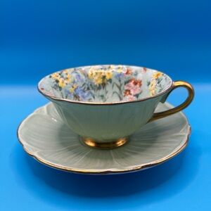 Rare Shelly Fine China Oleander Shaped Floral Green & Gold Teacup and Saucer Set